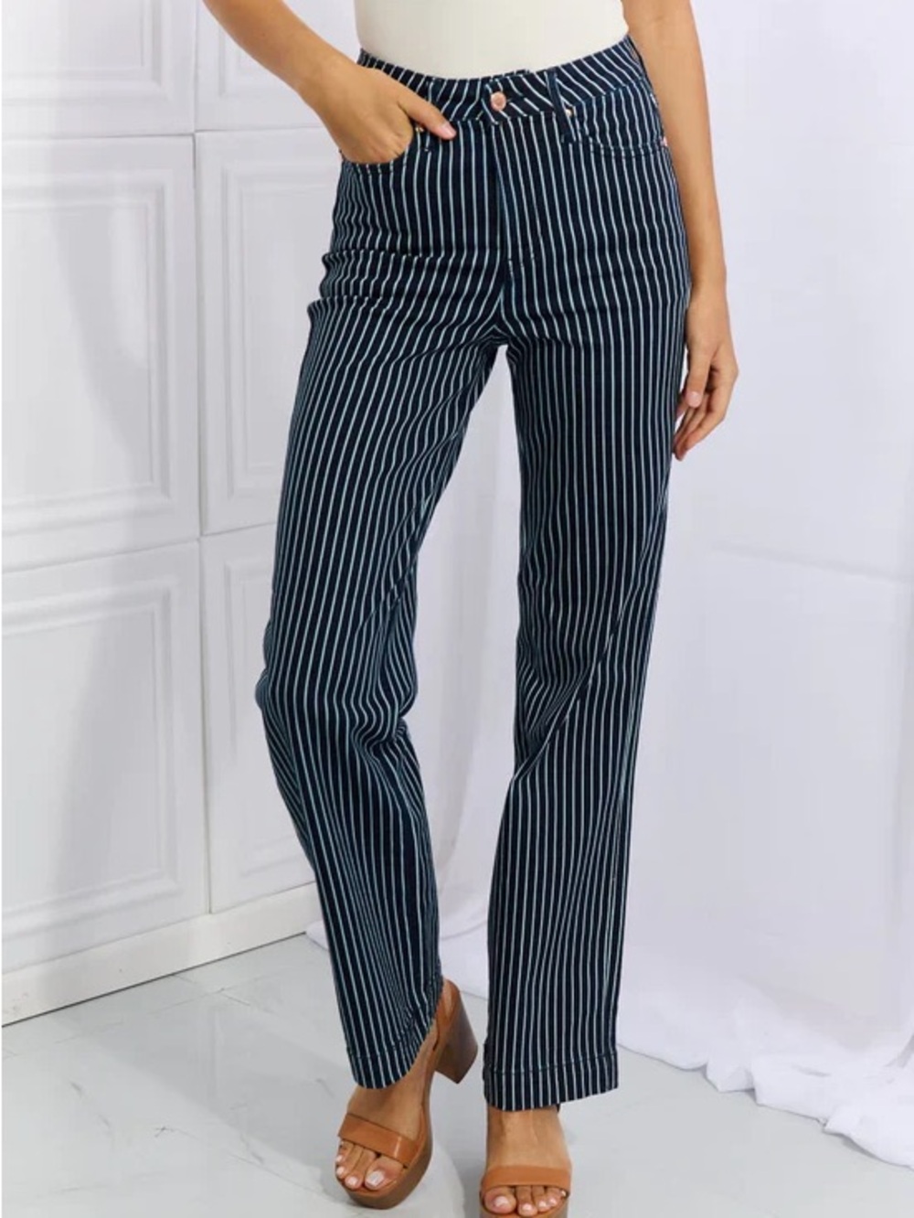 Judy Blue Navy and White Vertical Stripe Pants
